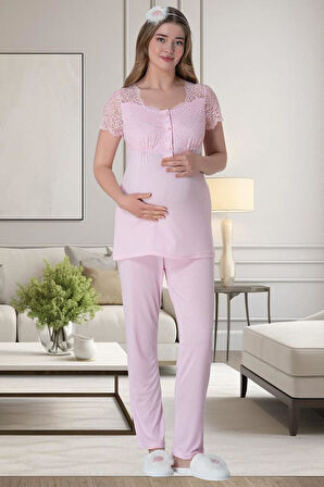 Mecit 6065 Kadın Hamile Lohusa Pembe Sabahlık Gecelik Pijama Set
