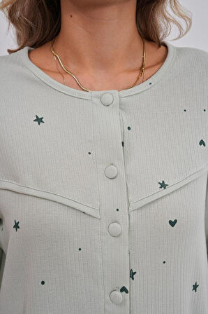 Mecit 6151 Kadın Yeşil Boydan Düğmeli Büyük Beden Pijama Takımı