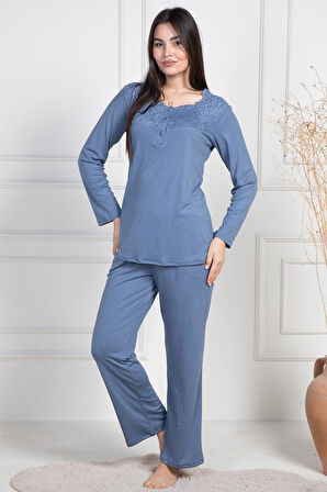 Mecit 6157 İndigo Kadın Sabahlık Pijama Gecelik Set