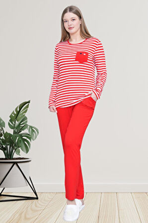 Mecit 6201 Kırmızı Çizgili Büyük Beden Kadın Pijama Takımı