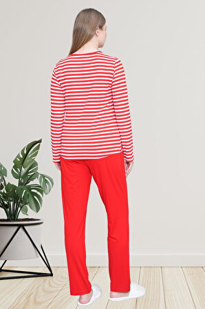 Mecit 6201 Kırmızı Çizgili Büyük Beden Kadın Pijama Takımı