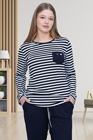 Mecit 6201 Lacivert Çizgili Büyük Beden Kadın Pijama Takımı