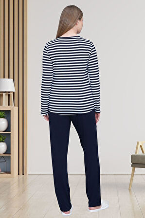 Mecit 6201 Lacivert Çizgili Büyük Beden Kadın Pijama Takımı