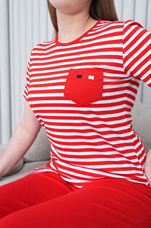 Mecit 6202 Kırmızı Çizgili Büyük Beden Kadın Pijama Takımı
