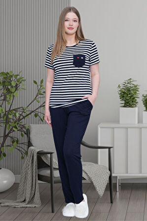 Mecit 6202 Lacivert Çizgili Büyük Beden Kadın Pijama Takımı