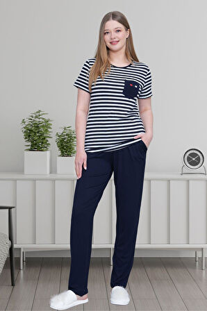 Mecit 6202 Lacivert Çizgili Büyük Beden Kadın Pijama Takımı