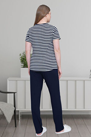 Mecit 6202 Lacivert Çizgili Büyük Beden Kadın Pijama Takımı