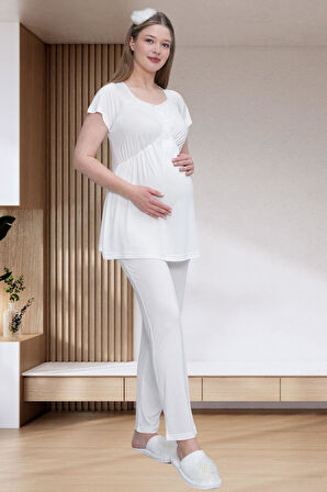 Mecit 6203 Ekru Sabahlıklı Lohusa Pijama Takımı