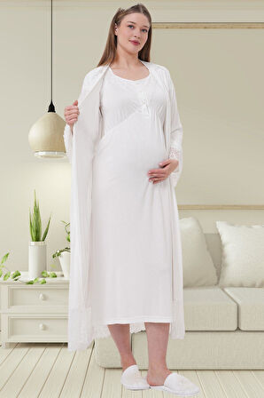 Mecit 6204 Ekru Hamile Lohusa Dantelli Sabahlık Gecelik Takım