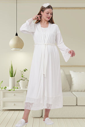 Mecit 6204 Ekru Hamile Lohusa Dantelli Sabahlık Gecelik Takım