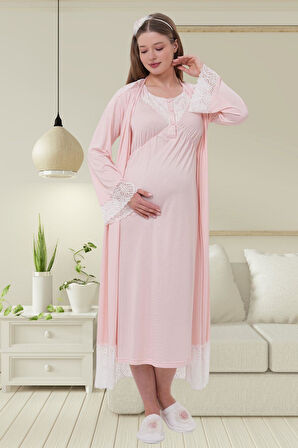 Mecit 6204 Pembe Hamile Lohusa Dantelli Sabahlık Gecelik Takım