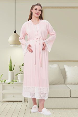 Mecit 6204 Pembe Hamile Lohusa Dantelli Sabahlık Gecelik Takım