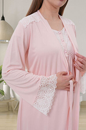 Mecit 6204 Pembe Hamile Lohusa Dantelli Sabahlık Gecelik Takım