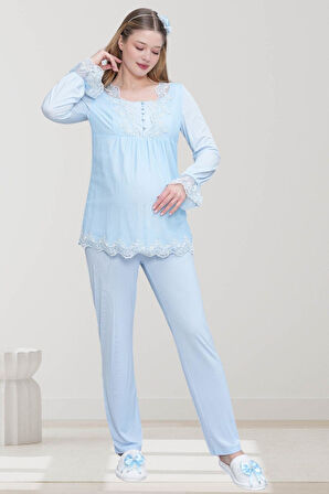 Mecit 6300 Mavi Dantelli Hamile Lohusa Pijama Takımı