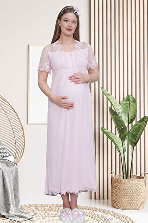 Mecit 6301 Pembe Hamile Lohusa Dantelli Sabahlık Gecelik Takım