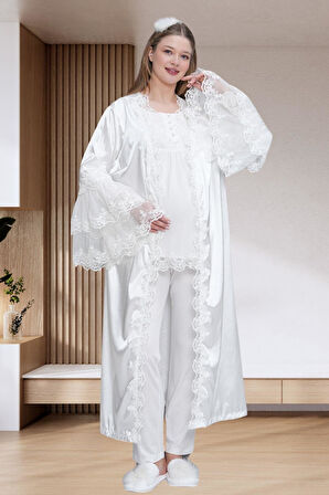 Mecit 6302 Ekru Dantelli Sabahlık Gecelik Pijama Lohusa Set