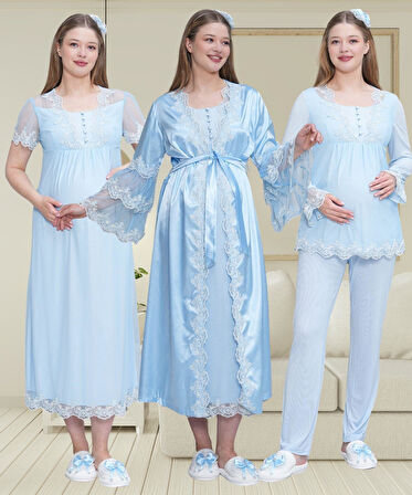 Mecit 6302 Mavi Dantelli Sabahlık Gecelik Pijama Lohusa Set