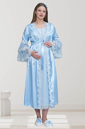 Mecit 6302 Mavi Dantelli Sabahlık Gecelik Pijama Lohusa Set
