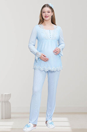 Mecit 6302 Mavi Dantelli Sabahlık Gecelik Pijama Lohusa Set