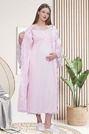 Mecit 6302 Pembe Dantelli Sabahlık Gecelik Pijama Lohusa Set