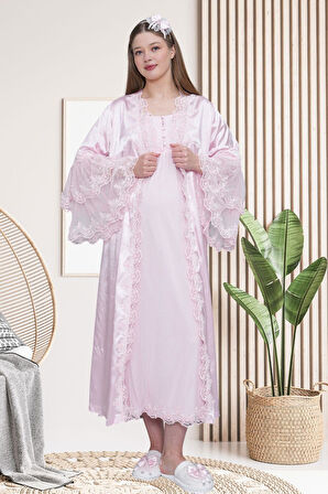 Mecit 6302 Pembe Dantelli Sabahlık Gecelik Pijama Lohusa Set