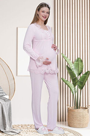 Mecit 6302 Pembe Dantelli Sabahlık Gecelik Pijama Lohusa Set