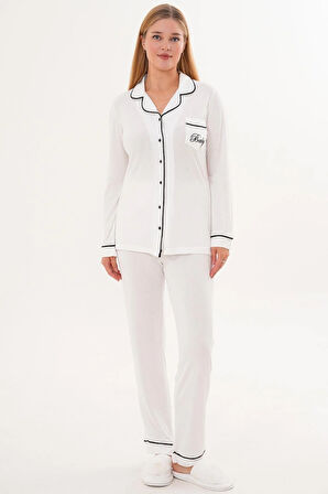 Mecit 6307 Ekru Boydan Düğmeli Kadın Pijama Takımı