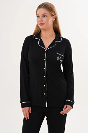 Mecit 6307 Siyah Boydan Düğmeli Kadın Pijama Takımı