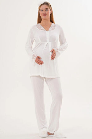 Mecit 6332 Ekru Sabahlık Gecelik Pijama Hamile Lohusa Set