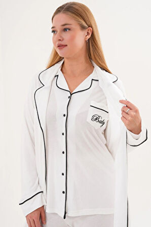 Mecit 6333 Ekru Kadın Sabahlıklı Boydan Düğmeli Pijama Takımı