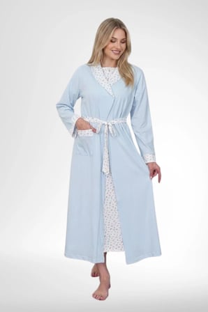 Mecit 6384 Mavi Büyük Beden Kadın Sabahlık Pijama ve Uzun Kollu Gecelik Set