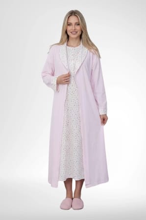 Mecit 6384 Pembe Büyük Beden Kadın Sabahlık Pijama ve Uzun Kollu Gecelik Set