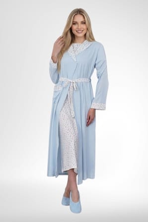 Mecit 6386 Mavi Büyük Beden Kadın Sabahlık Pijama Gecelik Set
