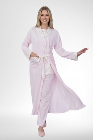 Mecit 6386 Pembe Büyük Beden Kadın Sabahlık Pijama Gecelik Set