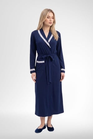 Mecit 6391 Lacivert Kadın Büyük Beden Uzun Sabahlık Pijama Takımı