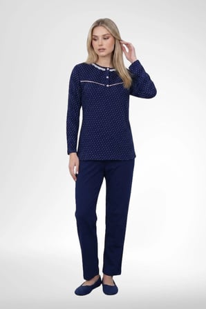 Mecit 6393 Lacivert %100 Pamuk Pembe Puantiyeli  Kadın Sabahlık Pijama Gecelik Set