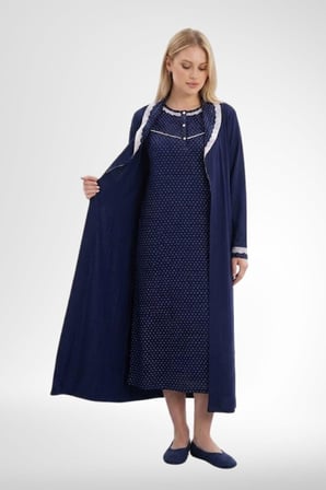 Mecit 6393 Lacivert Pamuklu Kadın Sabahlık Pijama Gecelik Seti