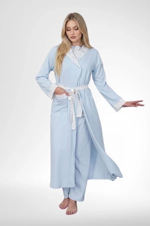 Mecit 6397 Mavi Kadın Uzun Sabahlıklı Pijama Takımı
