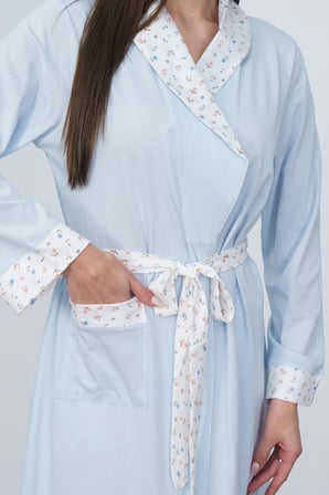Mecit 6398 Mavi Kadın Uzun Sabahlıklı Boydan Düğmeli Pijama Takımı