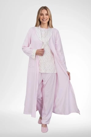 Mecit 6398 Pembe Kadın Uzun Sabahlıklı Boydan Düğmeli Pijama Takımı