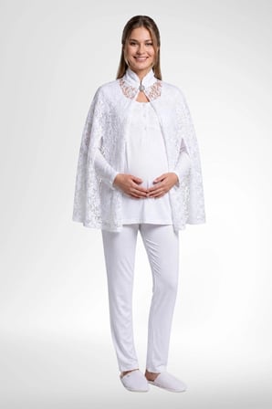Mecit 6402 Bayan Elegant Ekru Dantel Pelerin Lohusa Pijama Takımı