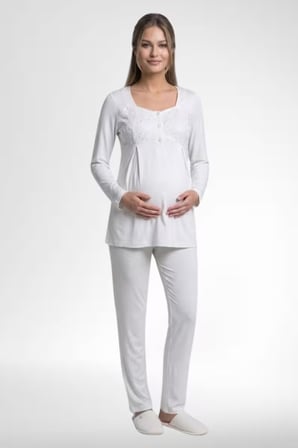 Mecit 6402 Bayan Elegant Ekru Dantel Pelerin Lohusa Pijama Takımı