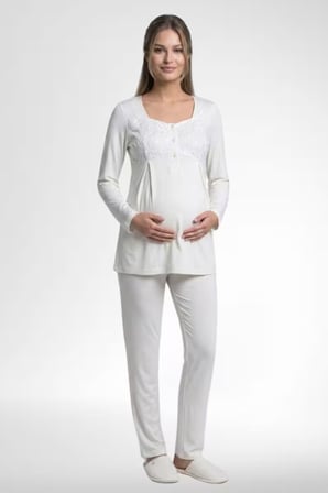 Mecit 6402 Bayan Elegant Ekru Dantel Pelerin Lohusa Pijama Takımı