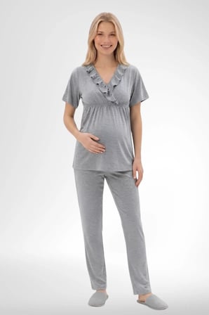Mecit 6403 Gri Sabahlıklı Lohusa Pijama Takımı
