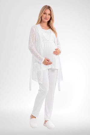 Mecit 6406 Ekru Dantel Sabahlıklı Lohusa Pijama Takımı