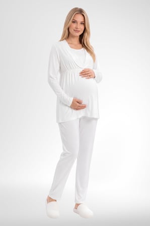 Mecit 6406 Ekru Dantel Sabahlıklı Lohusa Pijama Takımı