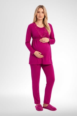 Mecit 6406 Fuşya Dantel Sabahlıklı Lohusa Pijama Takımı