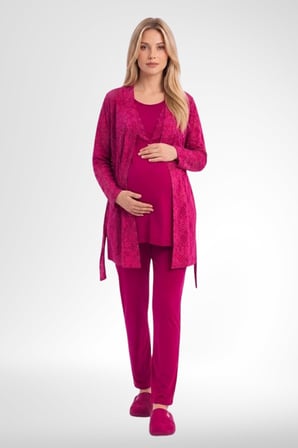 Mecit 6406 Fuşya Dantel Sabahlıklı Lohusa Pijama Takımı