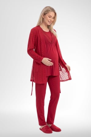 Mecit 6406 Kırmızı Dantel Sabahlıklı Lohusa Pijama Takımı
