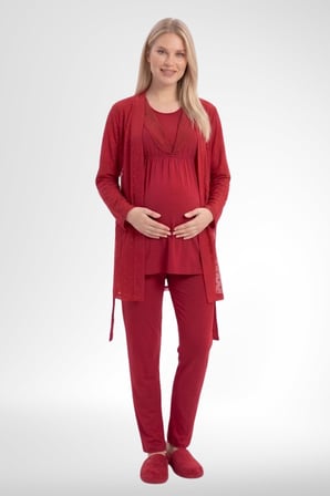 Mecit 6406 Kırmızı Dantel Sabahlıklı Lohusa Pijama Takımı